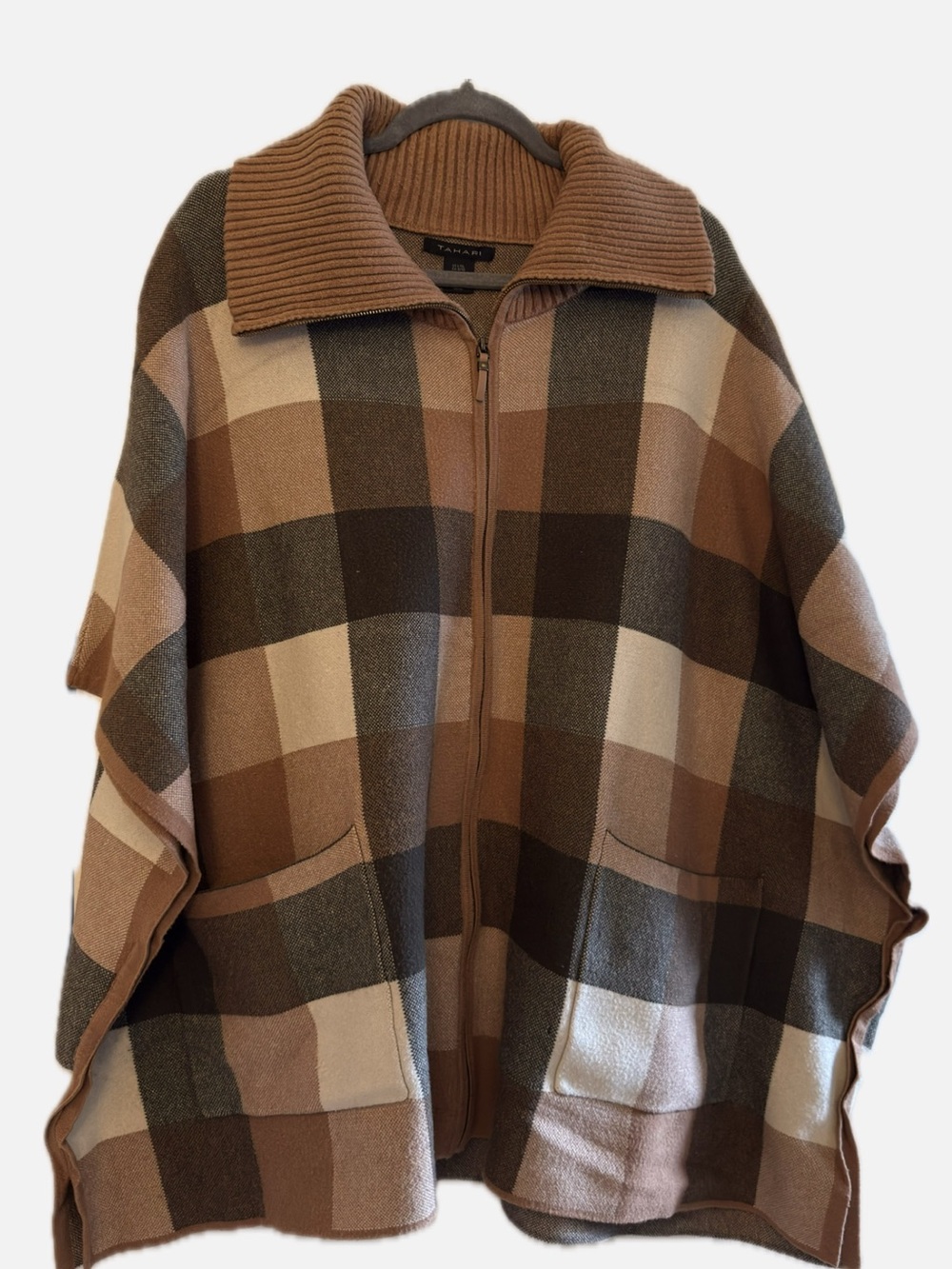 Tahari Brown & Cream Plaid Zip-Front Cape